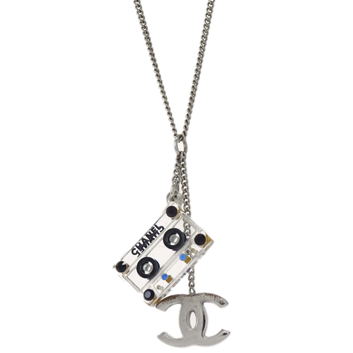 Chanel CC Cassette Tape Chain Pendant Necklace Rhinestone Silver 04P