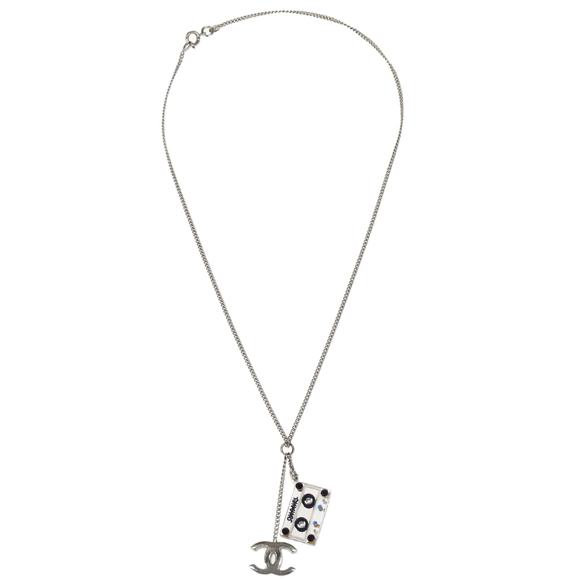 Chanel CC Cassette Tape Chain Pendant Necklace Rhinestone Silver 04P