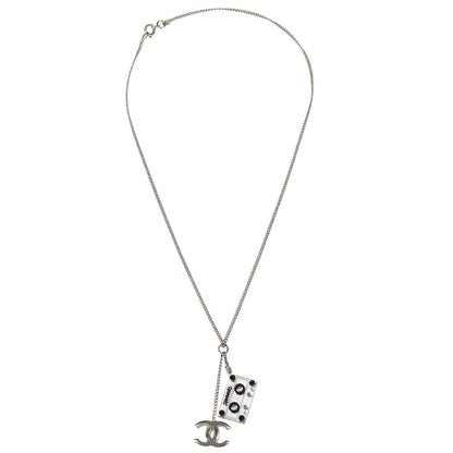 Chanel CC Cassette Tape Chain Pendant Necklace Rhinestone Silver 04P