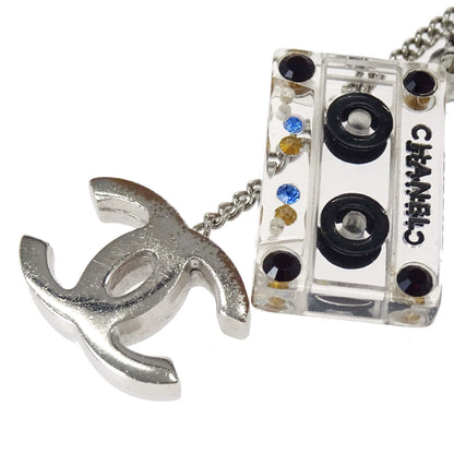 Chanel CC Cassette Tape Chain Pendant Necklace Rhinestone Silver 04P
