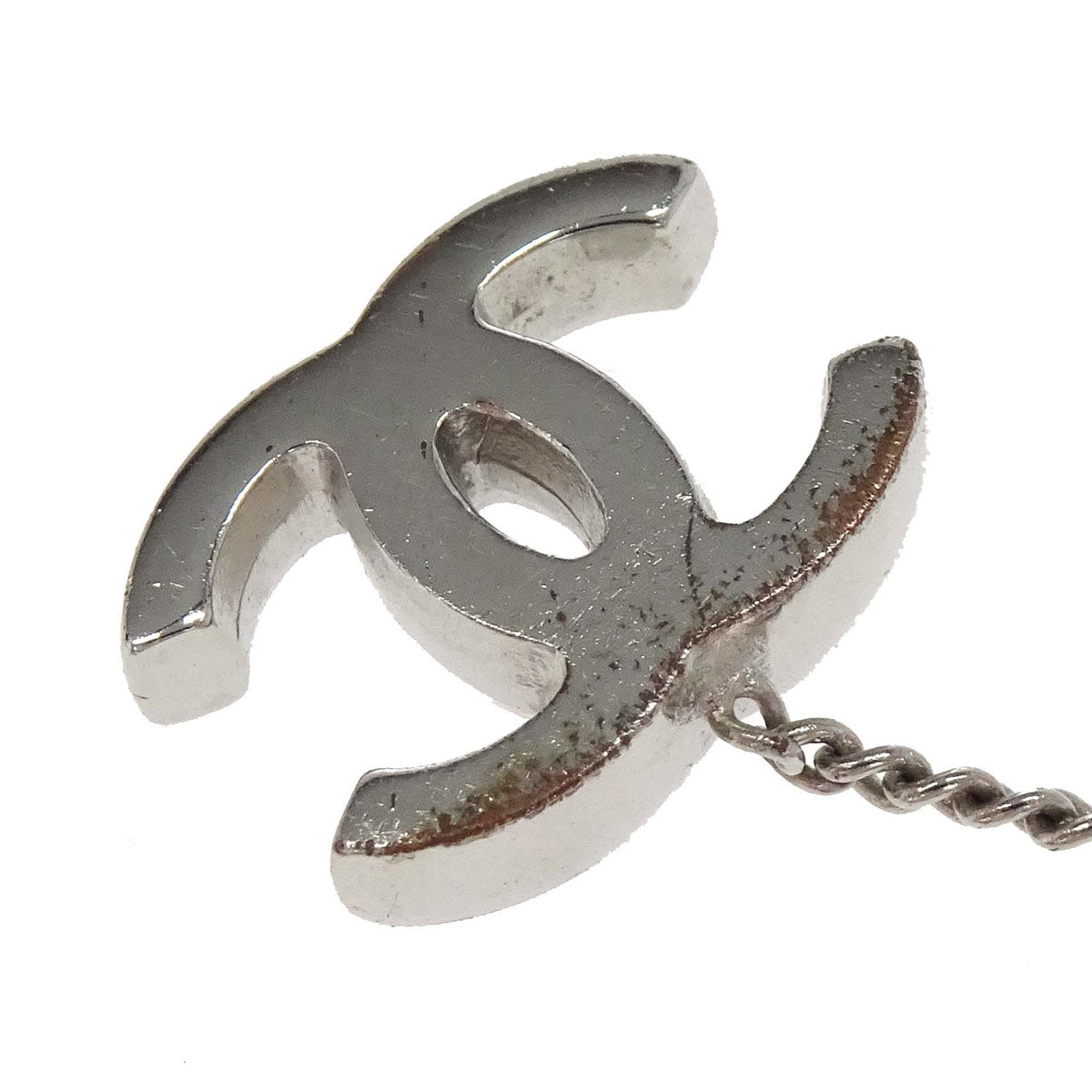 Chanel CC Cassette Tape Chain Pendant Necklace Rhinestone Silver 04P