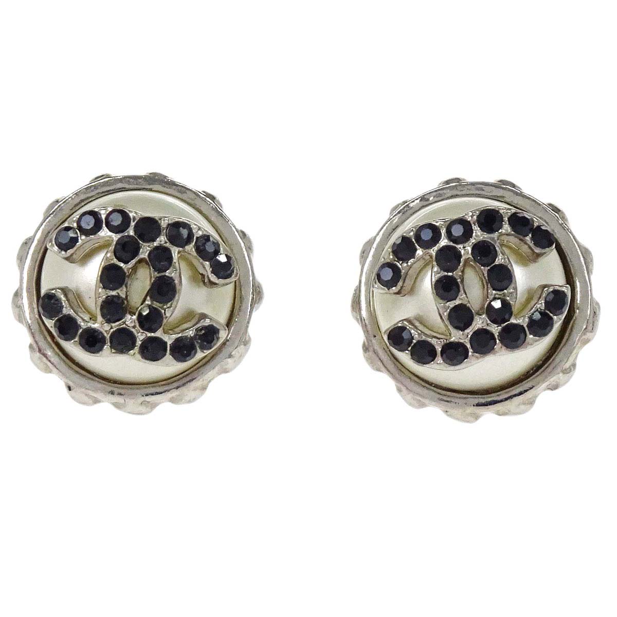Chanel Button CC Pierced Earrings Silver Rhinestone 02C