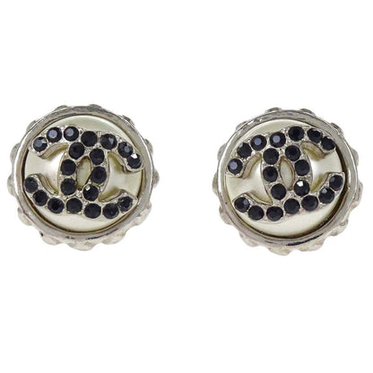 Chanel Button CC Pierced Earrings Silver Rhinestone 02C