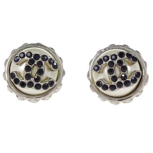 Chanel Button CC Pierced Earrings Silver Rhinestone 02C