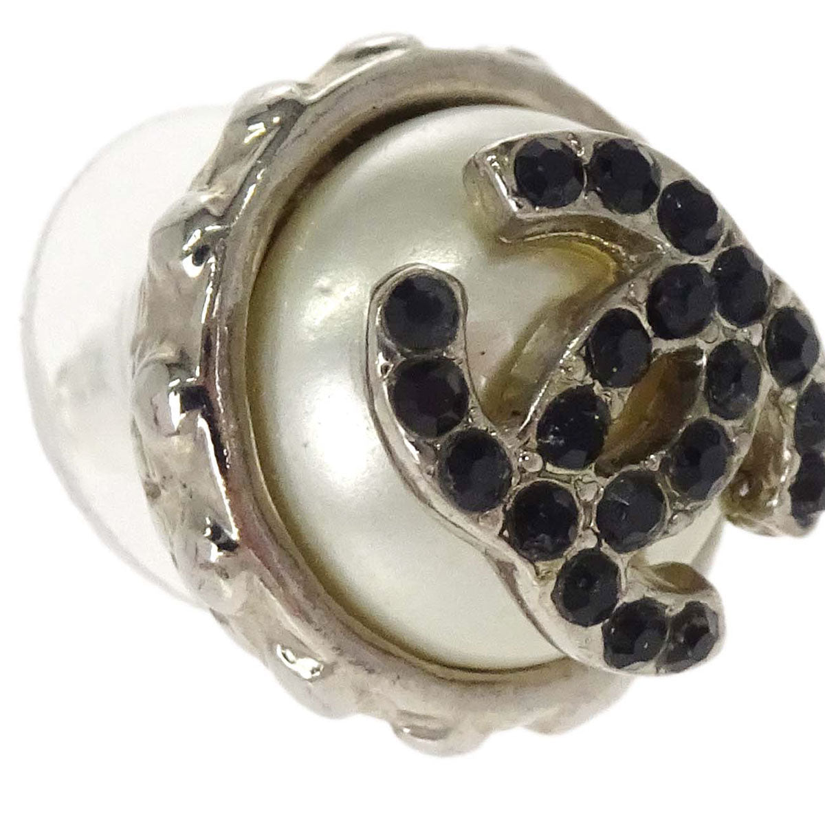 Chanel Button CC Pierced Earrings Silver Rhinestone 02C