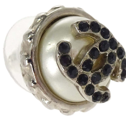Chanel Button CC Pierced Earrings Silver Rhinestone 02C
