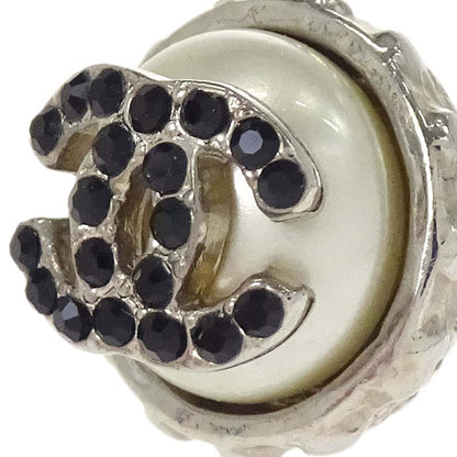 Chanel Button CC Pierced Earrings Silver Rhinestone 02C