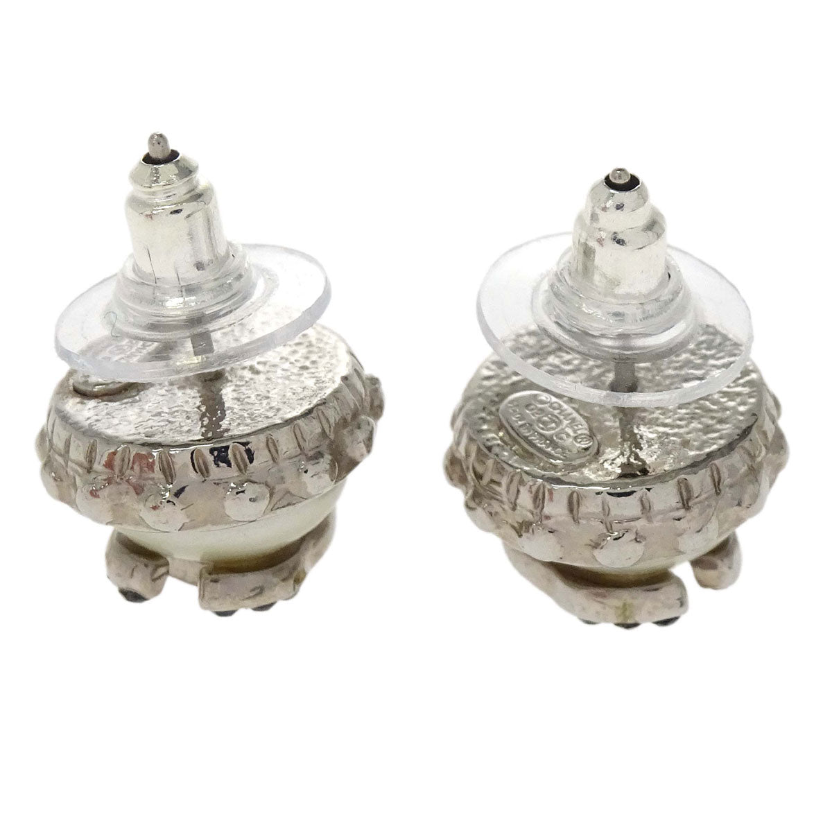 Chanel Button CC Pierced Earrings Silver Rhinestone 02C