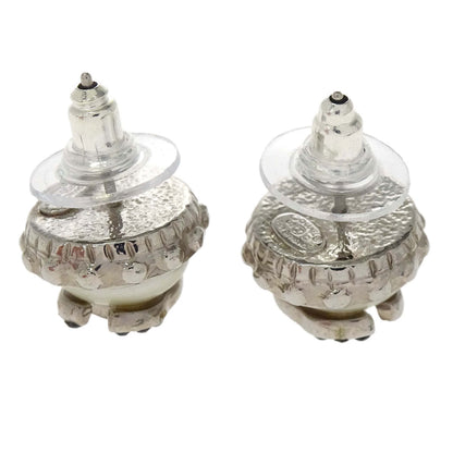 Chanel Button CC Pierced Earrings Silver Rhinestone 02C
