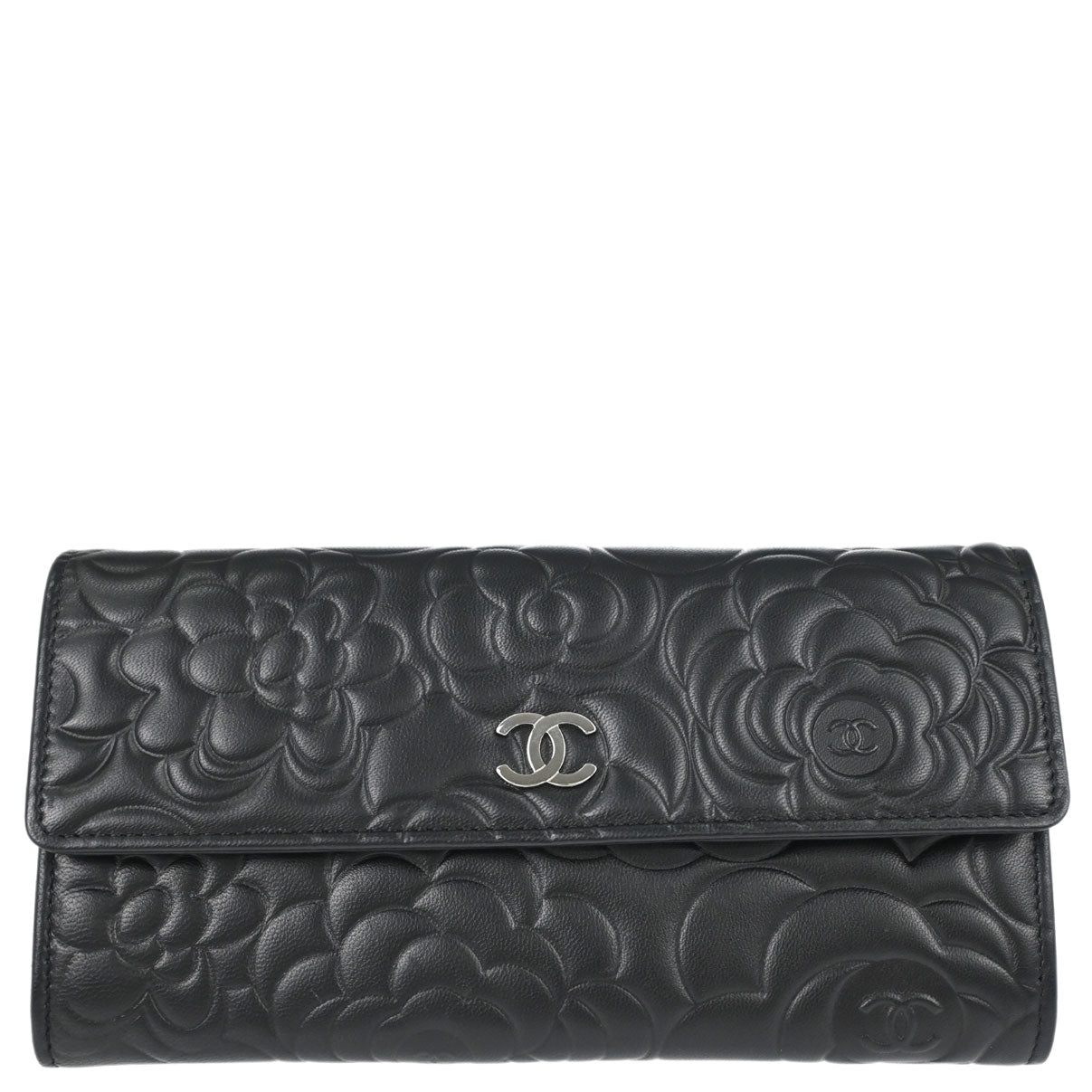Chanel Black Lambskin Camellia Long Bifold Wallet