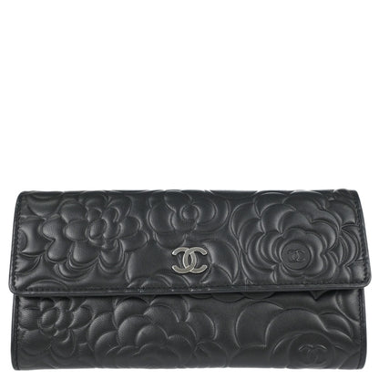 Chanel Black Lambskin Camellia Long Bifold Wallet