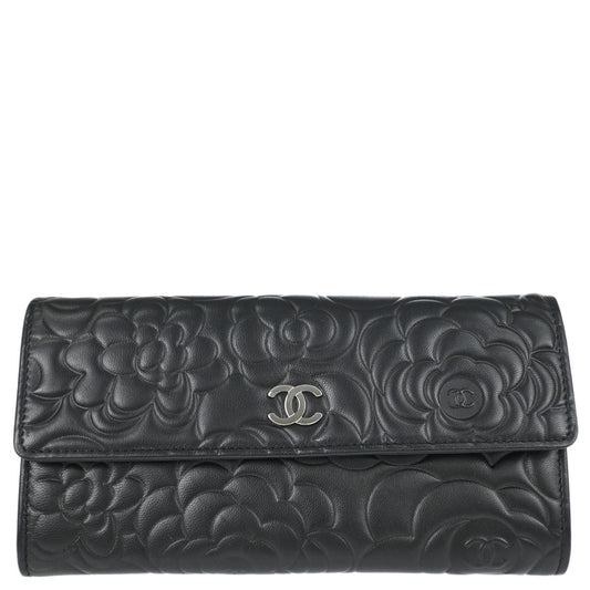 Chanel Black Lambskin Camellia Long Bifold Wallet