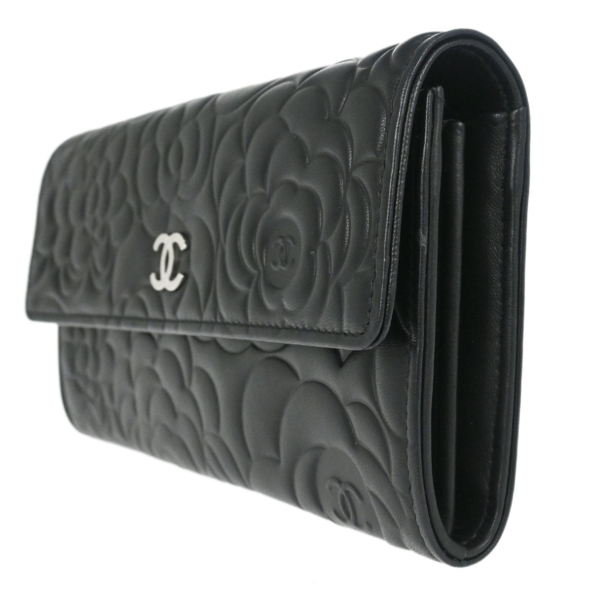 Chanel Black Lambskin Camellia Long Bifold Wallet