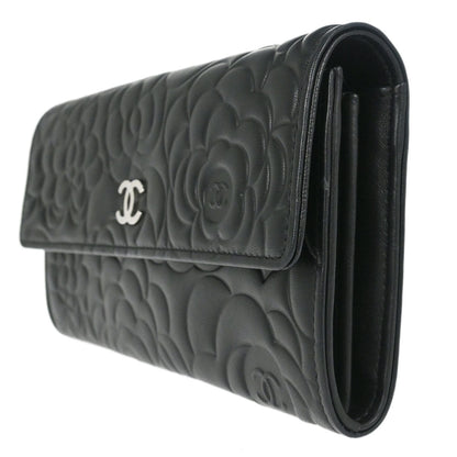 Chanel Black Lambskin Camellia Long Bifold Wallet