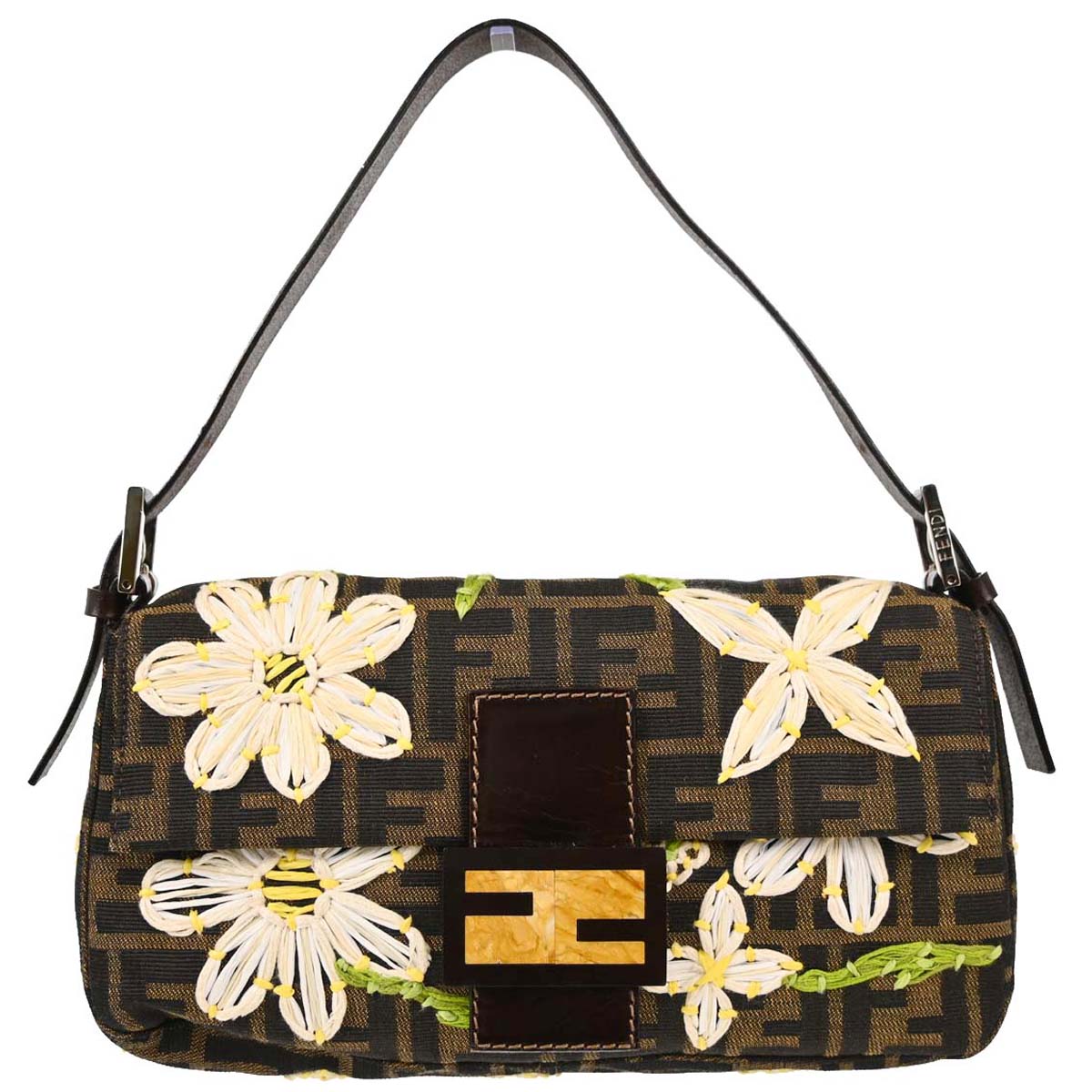 Fendi Brown Canvas Zucca Floral Embroidery Baguette Handbag