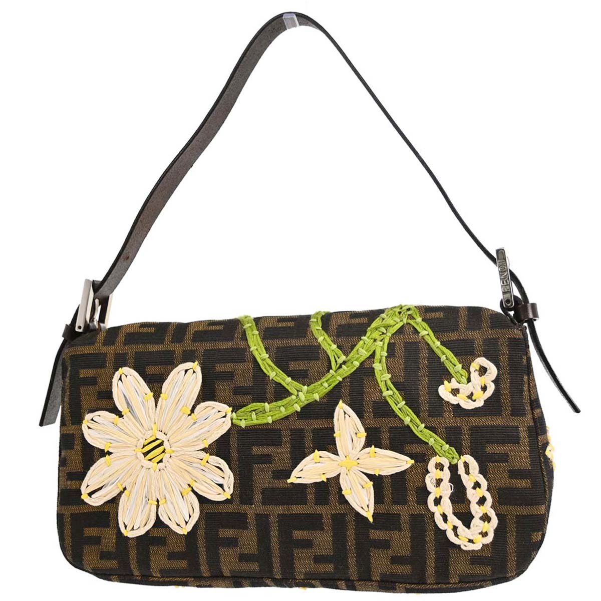 Fendi Brown Canvas Zucca Floral Embroidery Baguette Handbag