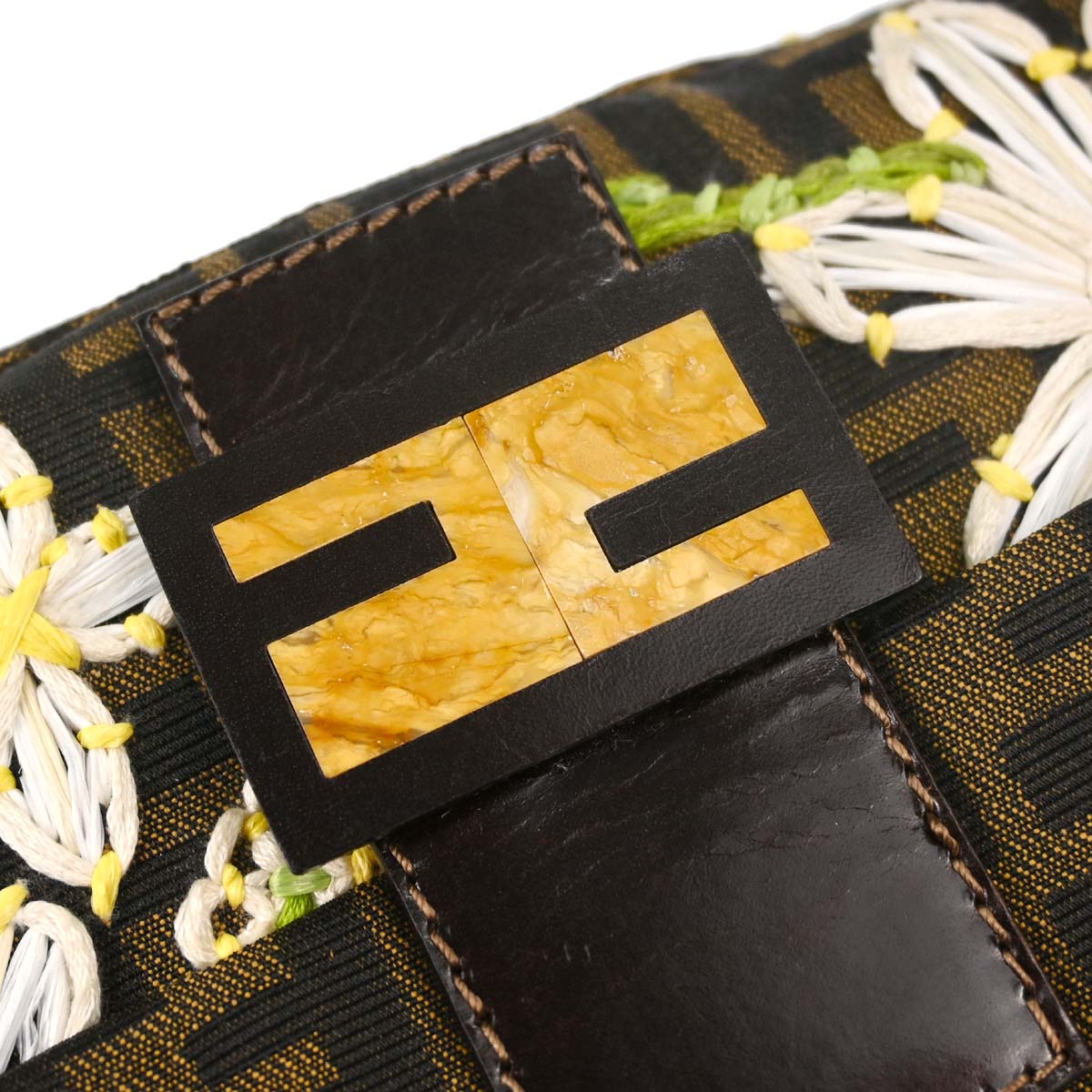 Fendi Brown Canvas Zucca Floral Embroidery Baguette Handbag