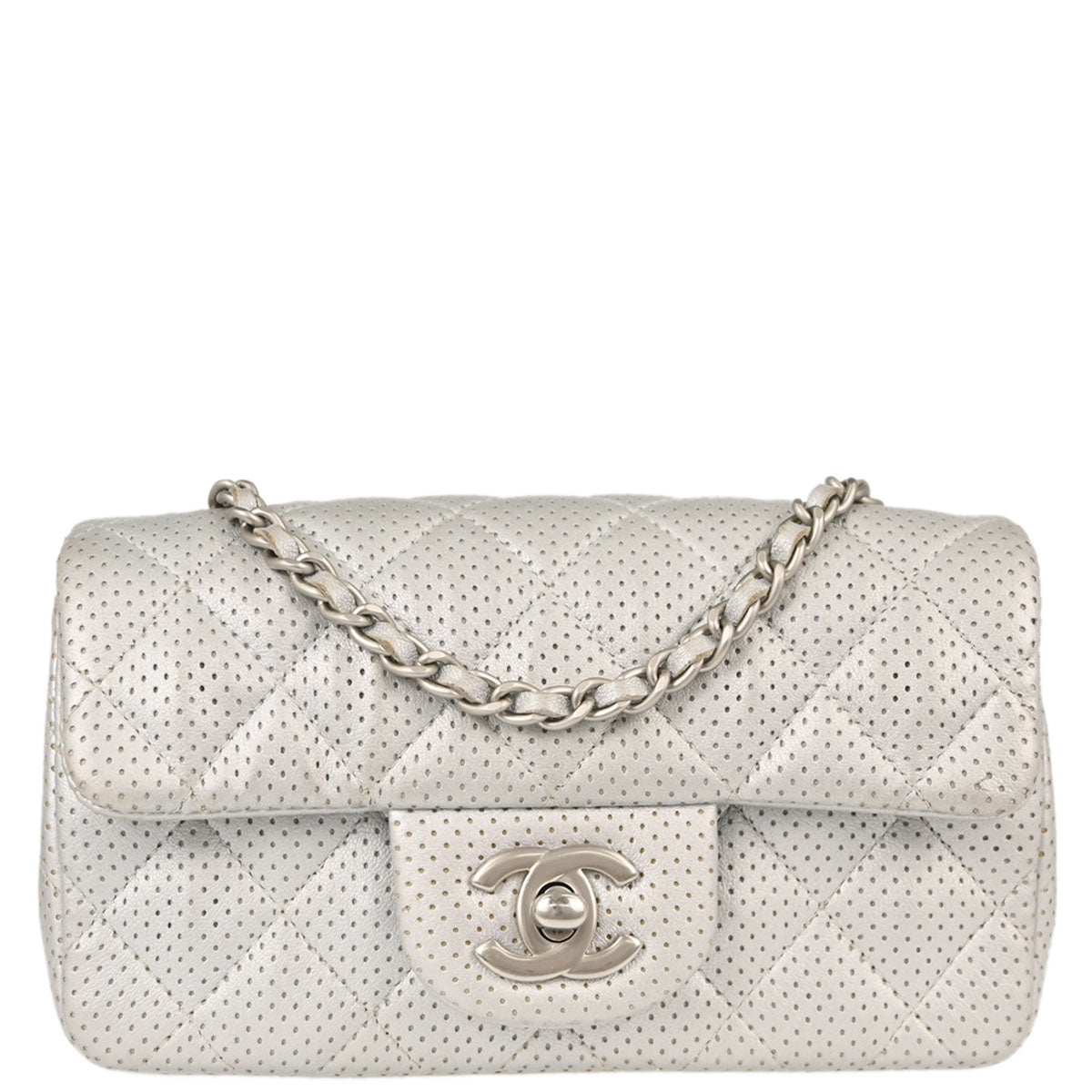 Chanel 2014-2015 Silver Perforated Lambskin Single Flap Shoulder Bag