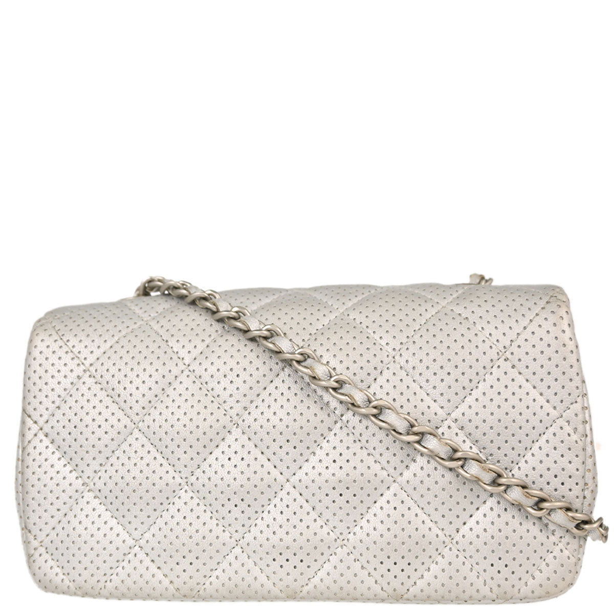 Chanel 2014-2015 Silver Perforated Lambskin Single Flap Shoulder Bag