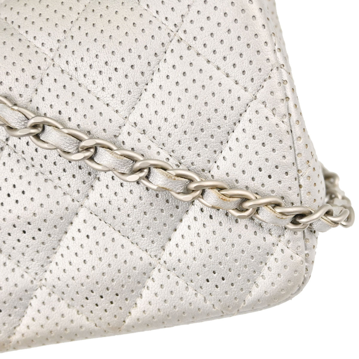 Chanel 2014-2015 Silver Perforated Lambskin Single Flap Shoulder Bag