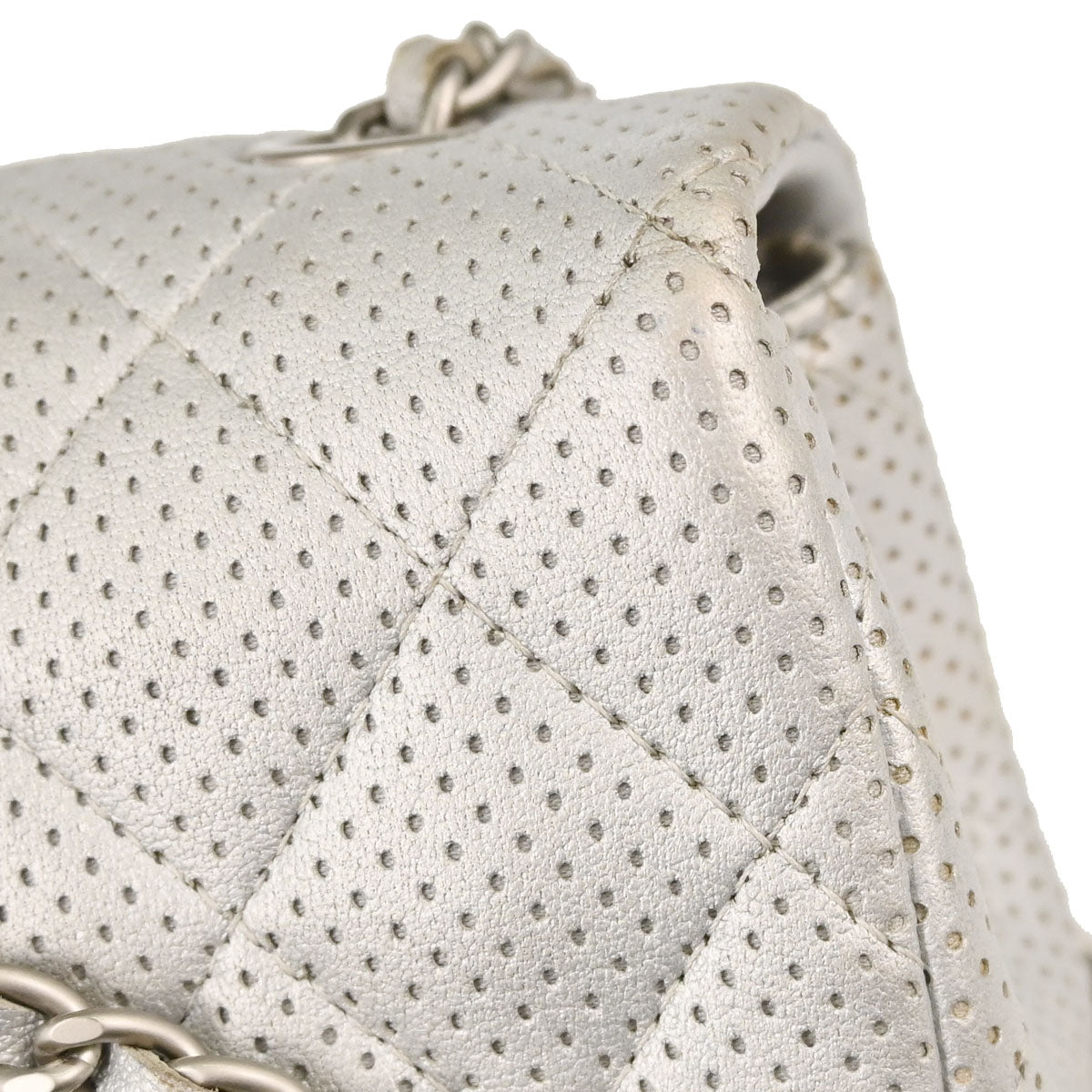Chanel 2014-2015 Silver Perforated Lambskin Single Flap Shoulder Bag