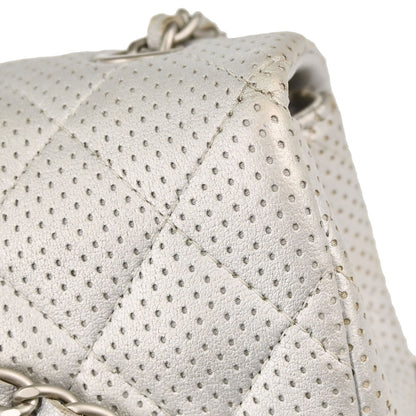 Chanel 2014-2015 Silver Perforated Lambskin Single Flap Shoulder Bag