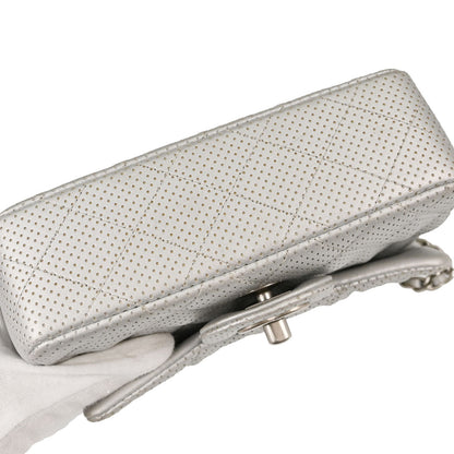 Chanel 2014-2015 Silver Perforated Lambskin Single Flap Shoulder Bag