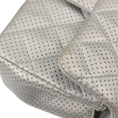 Chanel 2014-2015 Silver Perforated Lambskin Single Flap Shoulder Bag