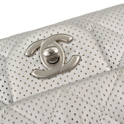 Chanel 2014-2015 Silver Perforated Lambskin Single Flap Shoulder Bag