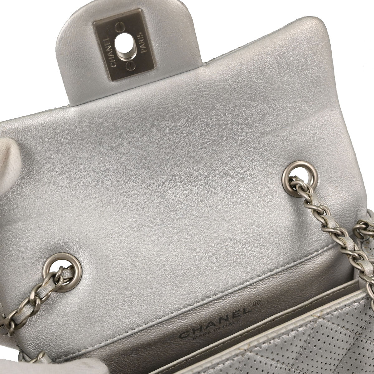 Chanel 2014-2015 Silver Perforated Lambskin Single Flap Shoulder Bag
