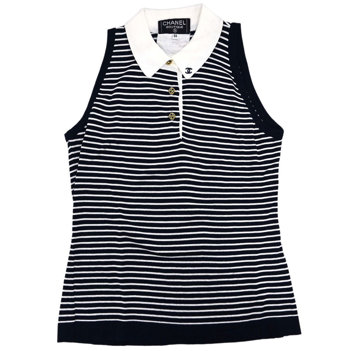 Chanel Sleeveless Border Top Navy White #38