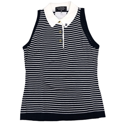 Chanel Sleeveless Border Top Navy White #38