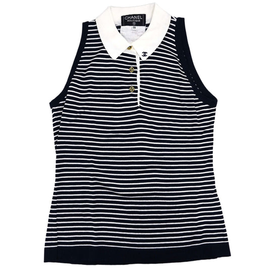 Chanel Sleeveless Border Top Navy White #38