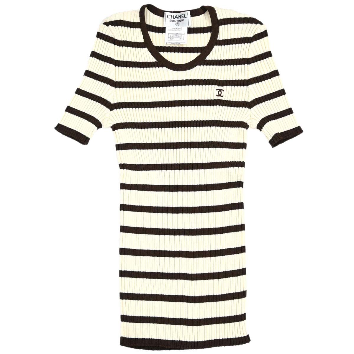 Chanel 1998 Short Sleeve Border Top Ivory Brown #38
