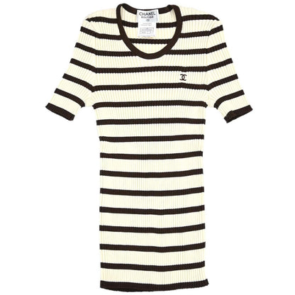 Chanel 1998 Short Sleeve Border Top Ivory Brown #38