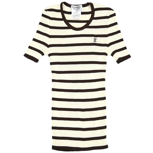 Chanel 1998 Short Sleeve Border Top Ivory Brown #38