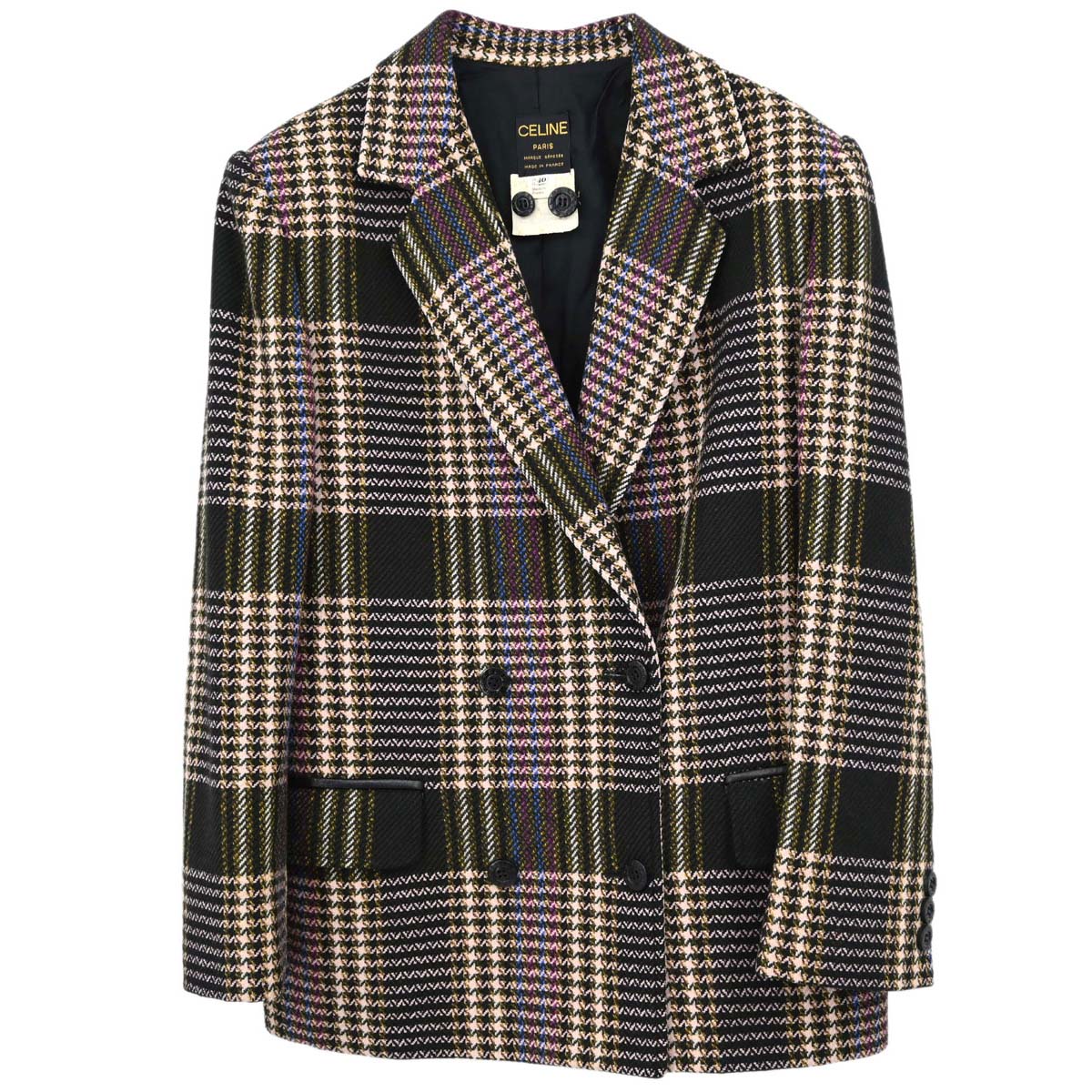 Celine Double Breasted Tweed Jacket Black Brown #40