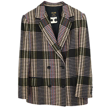 Celine Double Breasted Tweed Jacket Black Brown #40