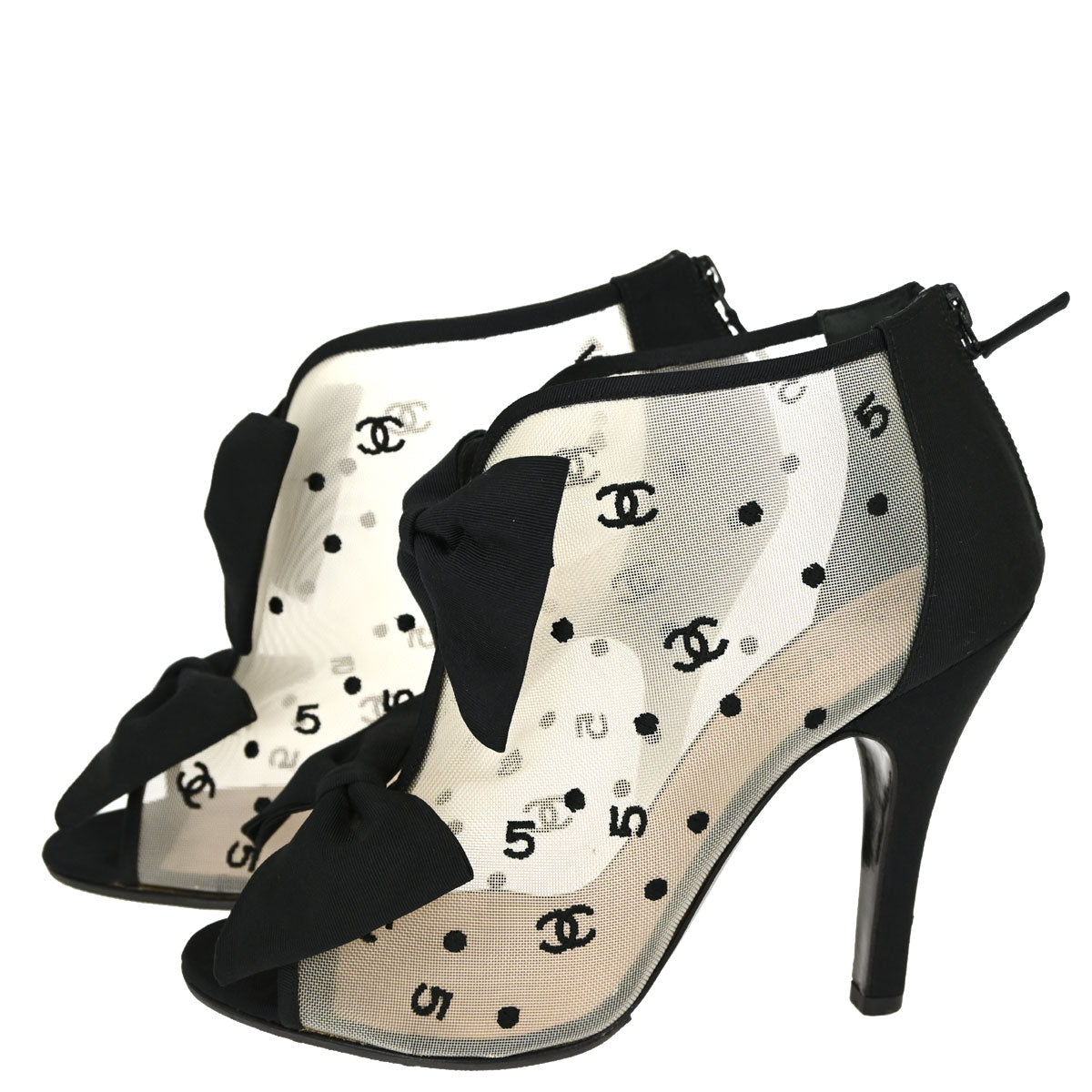 Chanel * CC Dots Bow Black Mesh Short Boots Shoes #38