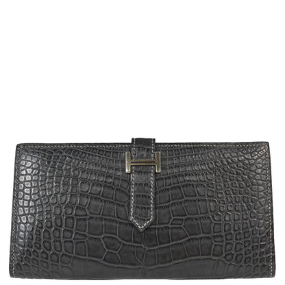 Hermes * Graphite Matt Alligator Bearn Soufre Long Wallet