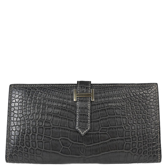 Hermes * Graphite Matt Alligator Bearn Soufre Long Wallet
