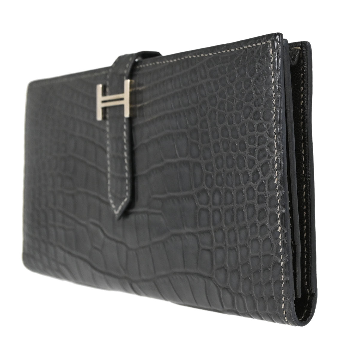 Hermes * Graphite Matt Alligator Bearn Soufre Long Wallet