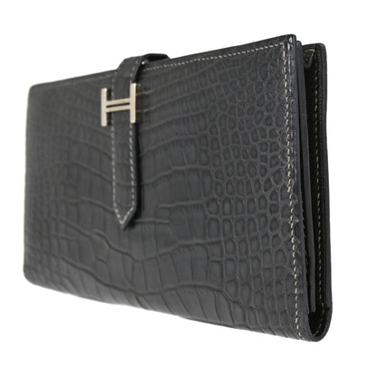 Hermes * Graphite Matt Alligator Bearn Soufre Long Wallet
