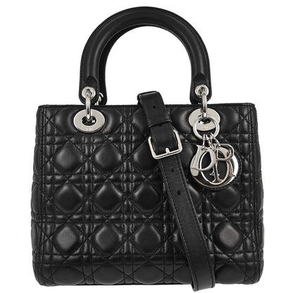Christian Dior Black Lambskin Lady Dior Cannage 2way Shoulder Handbag