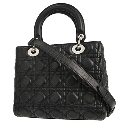 Christian Dior Black Lambskin Lady Dior Cannage 2way Shoulder Handbag