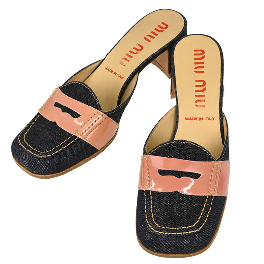 Miu Miu * Indigo Pink Denim Patent Leather Mules Shoes #35 1/2