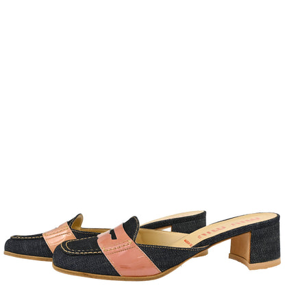 Miu Miu * Indigo Pink Denim Patent Leather Mules Shoes #35 1/2