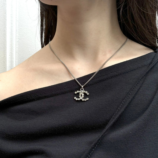 Chanel CC Chain Necklace Pendant Rhinestone Silver 05V