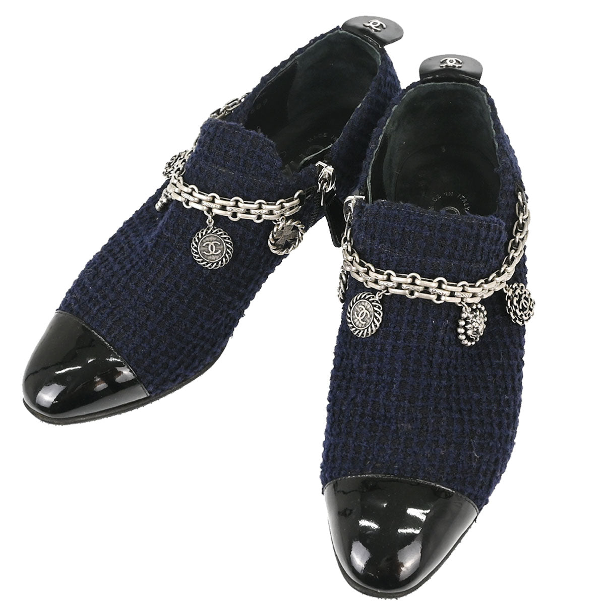 Chanel * Navy Black Tweed Charm Loafers Shoes #35 1/2