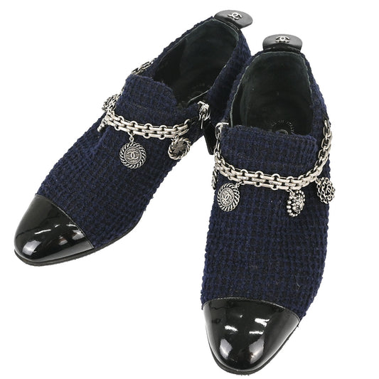Chanel * Navy Black Tweed Charm Loafers Shoes #35 1/2